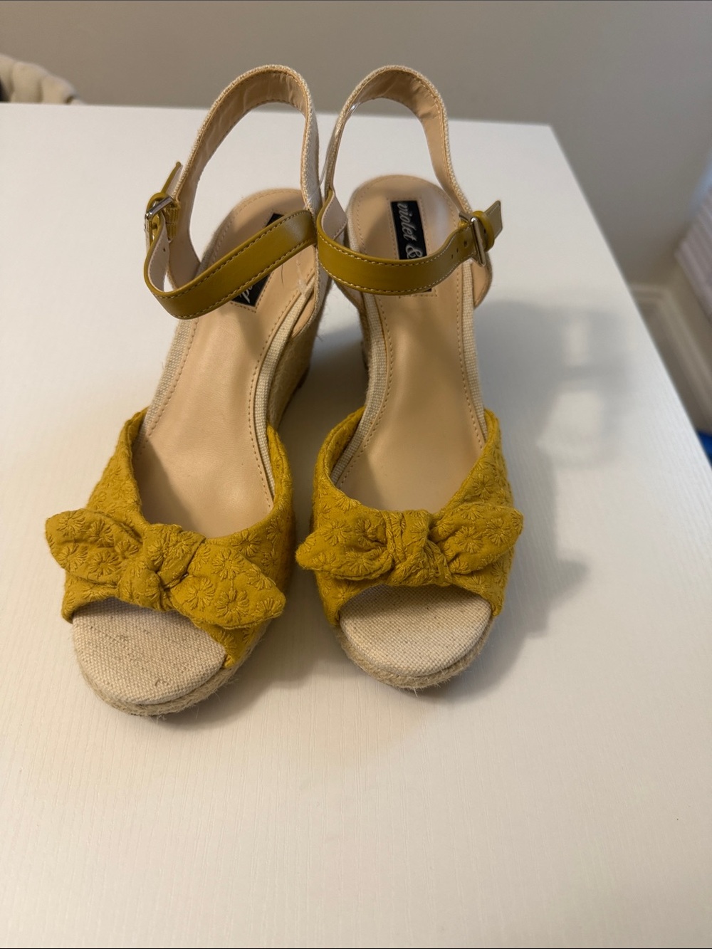Bow-Accent Mustard Yellow Espadrille Wedge Sandals